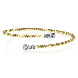 14K Yellow Gold Bujukan Bead Bypass Bangle with Graduating Diamond Caps