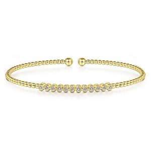 14K Yellow Gold Bujukan Bead Cuff Bracelet with Bezel Set Diamond Stations