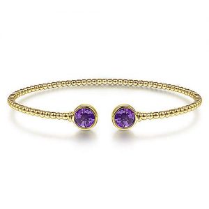 14K Yellow Gold Bujukan Bead Cuff Bracelet with Bezel Set Round Amethyst