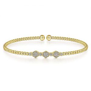 14K Yellow Gold Bujukan Bead Cuff Bracelet with Cluster Diamond Hexagon Stations