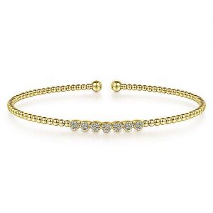 14K Yellow Gold Bujukan Bead Cuff Bracelet with Cluster Diamond Stations