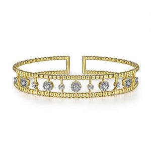 14K Yellow Gold Bujukan Bead Cuff Bracelet with Diamond Cluster and Bezel Connectors