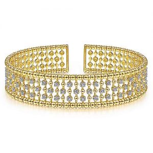 14K Yellow Gold Bujukan Bead Cuff Bracelet with Diamond Stations