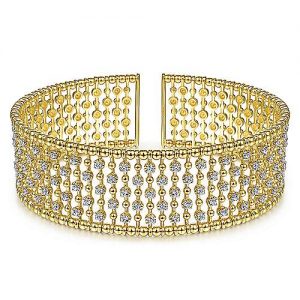 14K Yellow Gold Bujukan Bead Cuff Bracelet with Diamond Stations