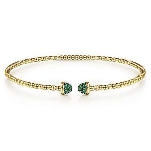 14K Yellow Gold Bujukan Bead Cuff Bracelet with Emerald Pavé Caps