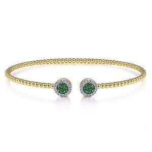 14K Yellow Gold Bujukan Bead Cuff Bracelet with Emerald and Diamond Halo Caps