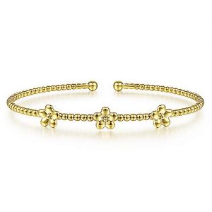 14K Yellow Gold Bujukan Bead Cuff Bracelet with Flower Stations