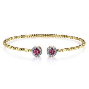 14K Yellow Gold Bujukan Bead Cuff Bracelet with Ruby and Diamond Halo Caps