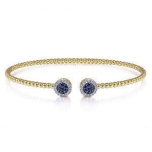 14K Yellow Gold Bujukan Bead Cuff Bracelet with Sapphire and Diamond Halo Caps