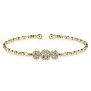 14K Yellow Gold Bujukan Bead Cuff Bracelet with Three Pavé Diamond Stations