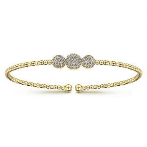 14K Yellow Gold Bujukan Bead Cuff Bracelet with Three Pavé Diamond Stations