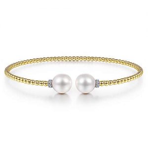 14K Yellow Gold Bujukan Bead Split Bracelet with Pearl and Diamond Caps