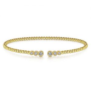 14K Yellow Gold Bujukan Bead Split Cuff Bracelet with Bezel Set Diamonds