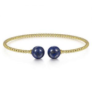 14K Yellow Gold Bujukan Bead Split Cuff Bracelet with Lapis Beads