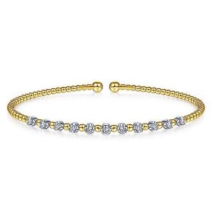 14K Yellow Gold Bujukan Bead Split Cuff Bracelet with Round White Gold Diamond Stations