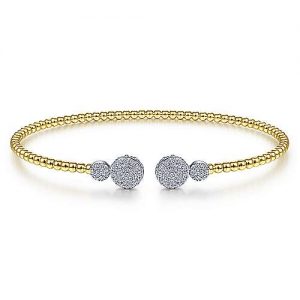 14K Yellow Gold Bujukan Bead Split Cuff with Round Diamond Pavé Caps