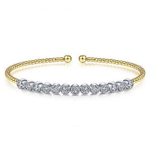 14K Yellow Gold Bujukan Cuff Bracelet with Bezel Set White Gold Diamonds