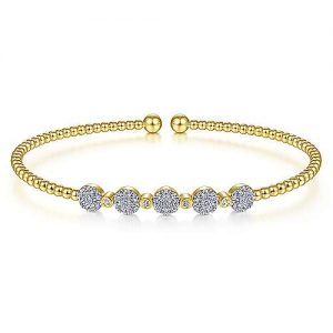 14K Yellow Gold Bujukan Cuff Bracelet with Pavé Diamond Cluster Stations
