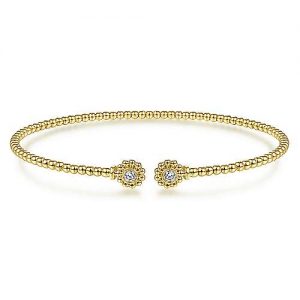 14K Yellow Gold Bujukan Split Cuff Bracelet with Diamond Flower Caps