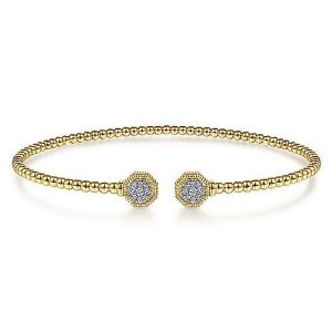 14K Yellow Gold Bujukan Split Cuff Bracelet with Diamond Pavé Hexagon Caps