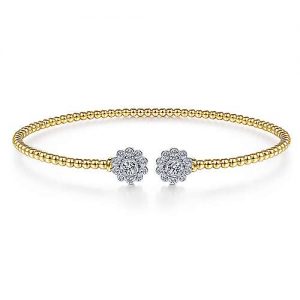 14K Yellow Gold Bujukan Split Cuff Bracelet with White Gold Diamond Flowers