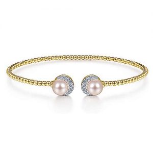 14K Yellow Gold Bujukan Split Cuff with Pearl and Diamond Halo Caps
