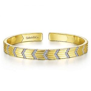 14K Yellow Gold Cuff Bracelet with Pavé Diamond Chevron Stations