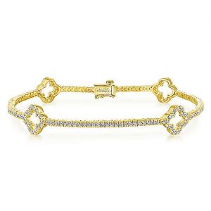 14K Yellow Gold Diamond Tennis Bracelet with Clover Stations