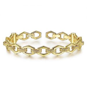 14K Yellow Gold High Polished Chain Link Cuff Bracelet with Twisted Rope Connectors