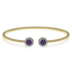 14K Yellow Gold Round Amethyst and Diamond Halo Bujukan Bangle
