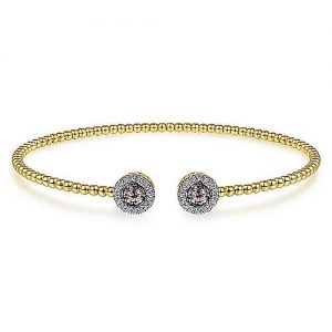 14K Yellow Gold Round Manmade Alexandrite and Diamond Halo Bujukan Bangle