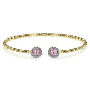 14K Yellow Gold Round Pink Zircon and Diamond Halo Bujukan Bangle