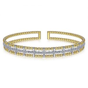 14K Yellow and White Gold Bujukan Bead Cuff Bracelet with Inner Diamond Channel