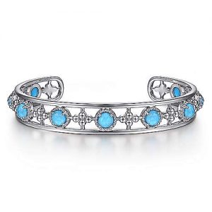 925 Sterling Silver Rock Crystal and Turquoise Station Bangle