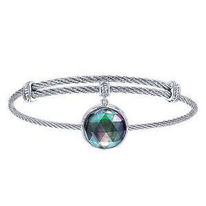 Adjustable Twisted Cable Stainless Steel Bangle with Round Sterling Silver Rock Crystal/Black Pearl Charm