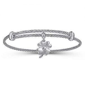 Adjustable Twisted Cable Stainless Steel Bangle with Sterling Silver 4 Leaf Clover Charm