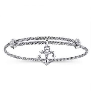 Adjustable Twisted Cable Stainless Steel Bangle with Sterling Silver Anchor Charm