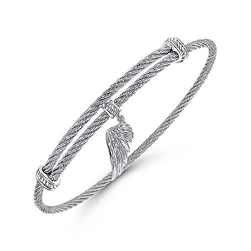 Adjustable Twisted Cable Stainless Steel Bangle with Sterling Silver Angel Wing Charm Diamond Design