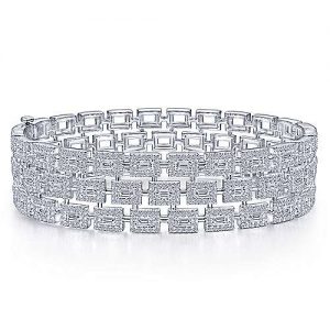 Wide 14K White Gold Round and Baguette Diamond Bangle Bracelet