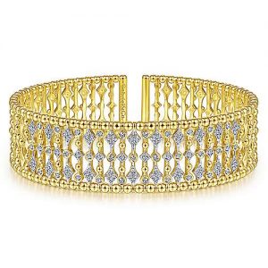 Wide 14K Yellow Gold Cage Cuff Bracelet with Diamond Stations